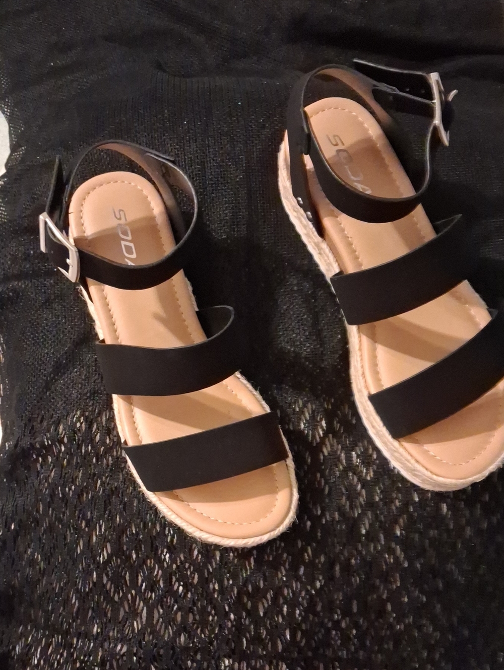 Soda Black Triple-Strap Espadrille Platform Sandals